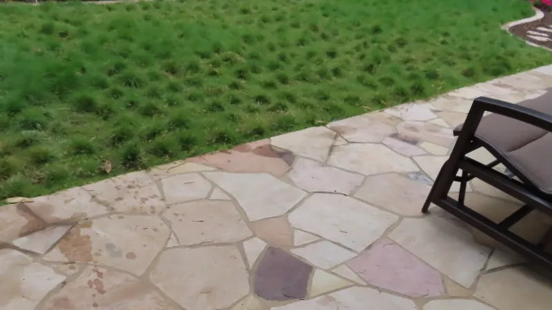 A beautiful and colorful landscape bed flanks a drought tolerant lawn 