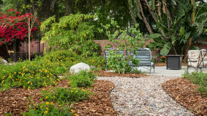 A serene garden pathway lined with colorful lantana and lush greenery in a tranquil outdoor setting.