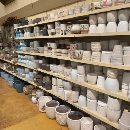Shelves filled with various ceramic plant pots in neutral and pastel colors inside a store