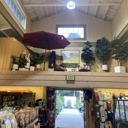 Indoor garden center with plants, gardening tools, a red umbrella, table set, and wooden paneled walls under high ceiling.