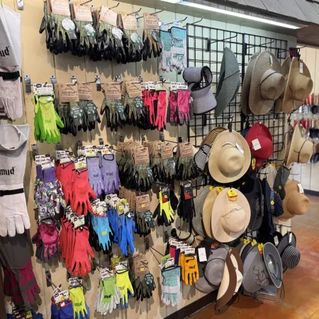 Colorful gardening gloves and a variety of hats displayed on racks in an outdoor equipment store.