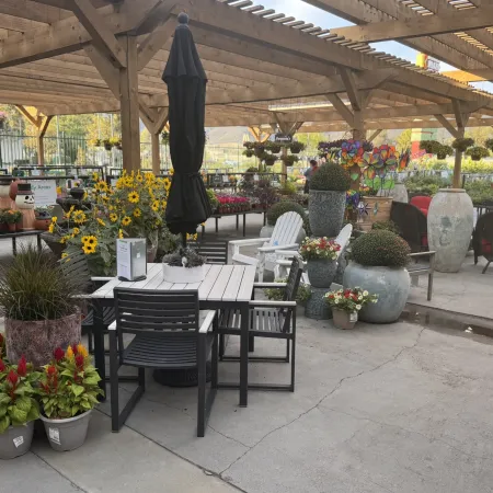 Outdoor garden center seating area with tables, chairs, potted flowers, and hanging plants under wooden pergola.