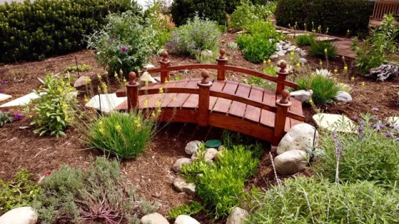 Meditation garden with bridge spanning a dry stream bed