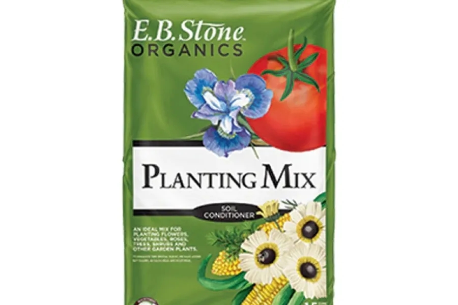 E.B. Stone Organics Planting Mix soil conditioner bag with images of tomato, flowers, and corn on green background.