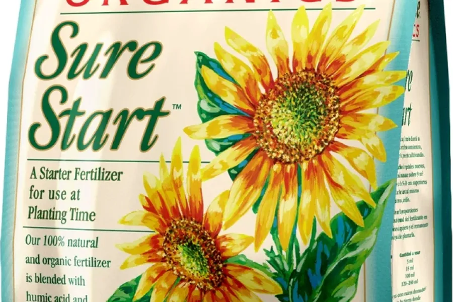 E.B. Stone Organics Sure Start starter fertilizer bag with sunflower illustration and product details.